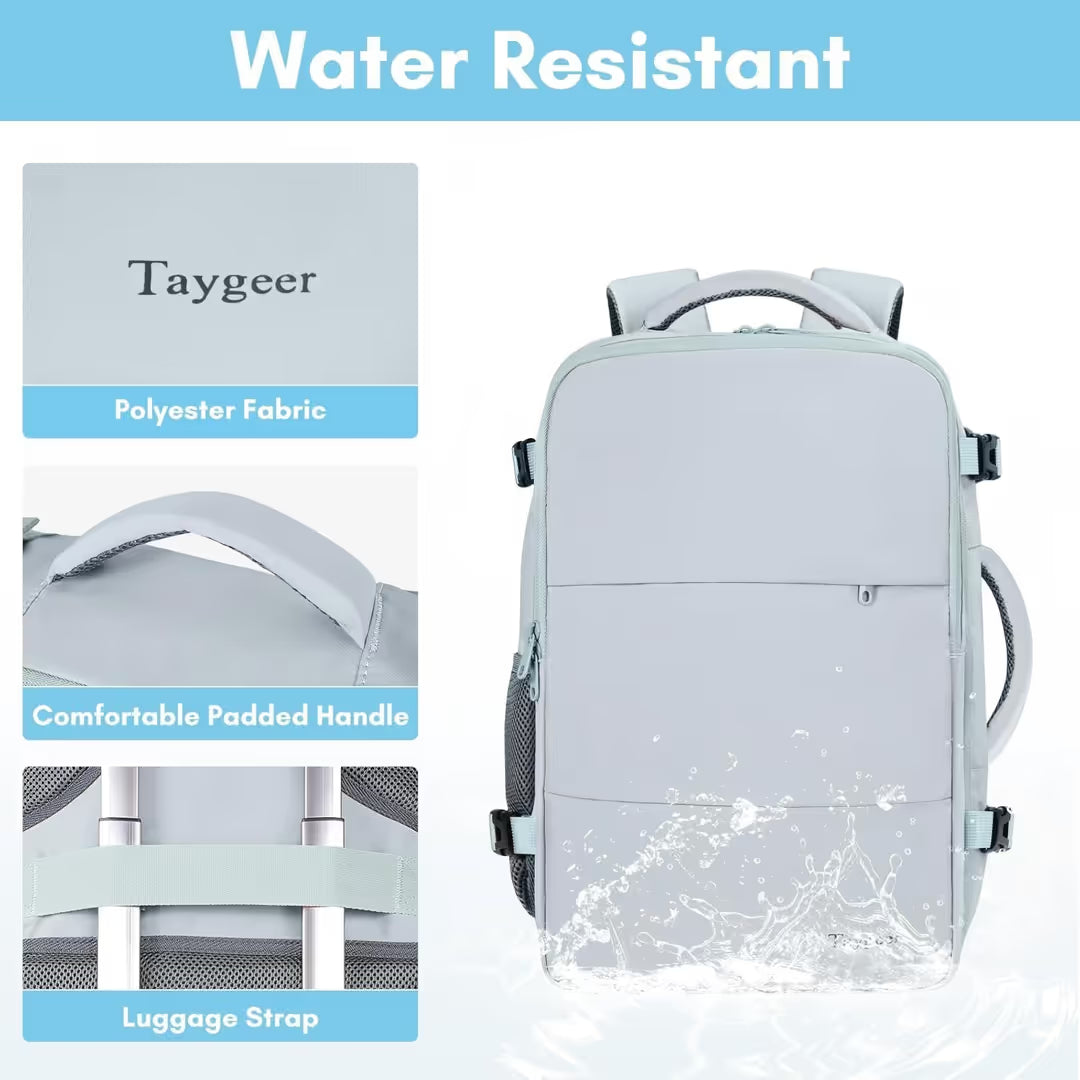 Gray backpack with water-resistant feature, Taygeer branding, and highlighted features on a light blue background.