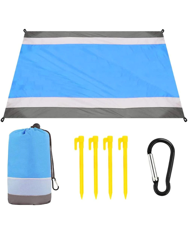 Blue and gray outdoor canopy with carrying bag, stakes, and carabiner on a white background