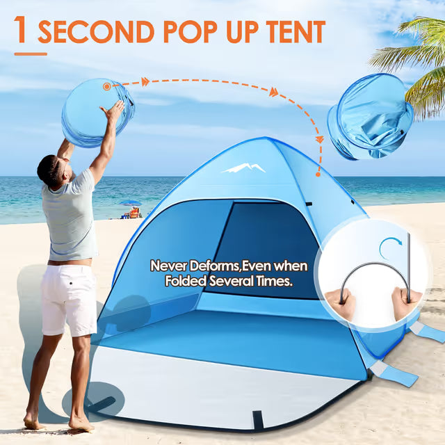Man setting up pop up beach tent on beach