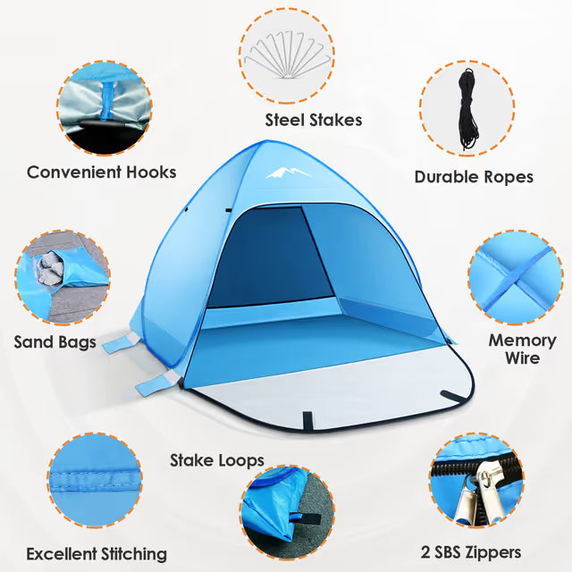 Blue beach tent with features highlighted on a white background