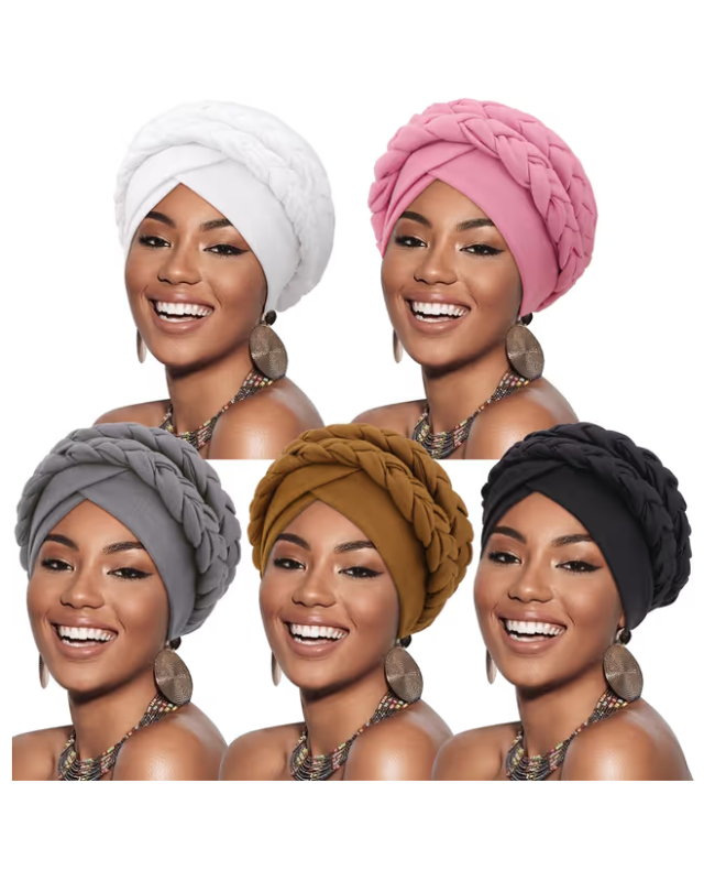 Five women wearing headscarves in white, pink, gray, brown, and black on a white background.