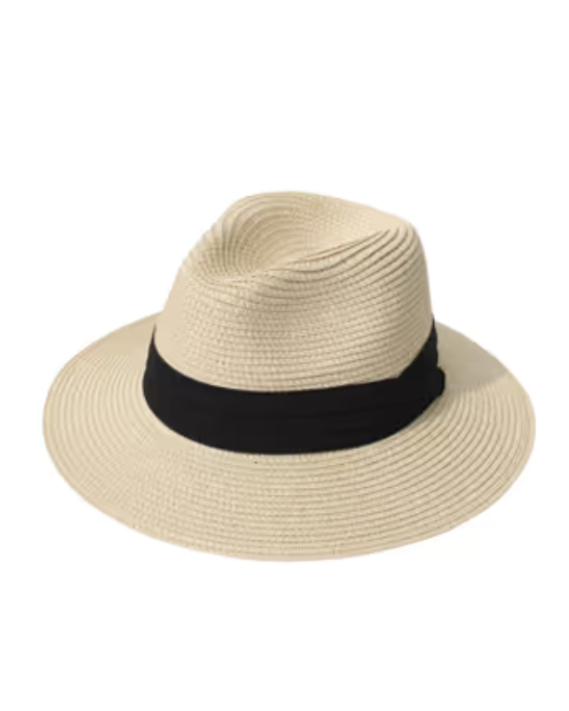 Beige straw hat with a black band on a white background