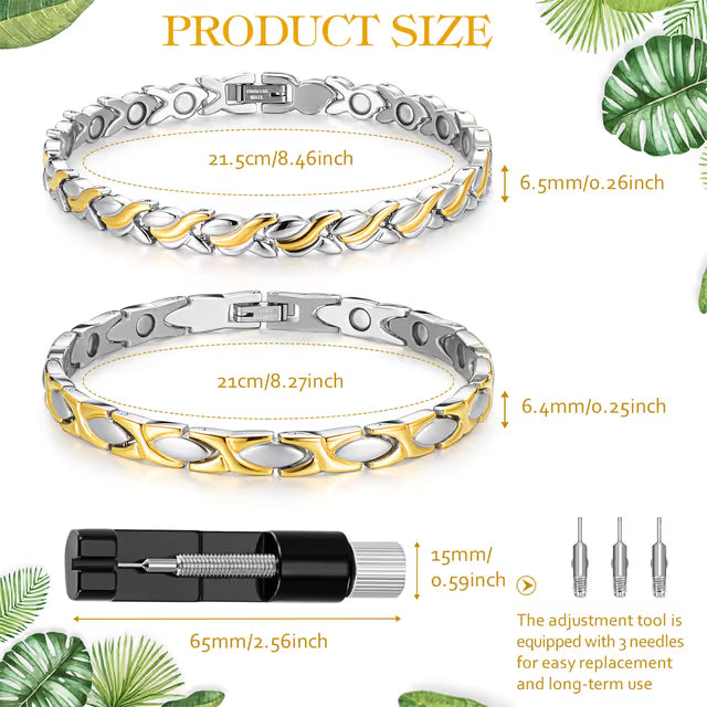 Two silver and gold bracelets with measurement details and an adjustment tool on a white background with green leaves.