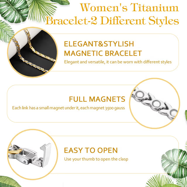 Advertisement for women's titanium bracelets with two different styles, featuring text and images of the bracelets.