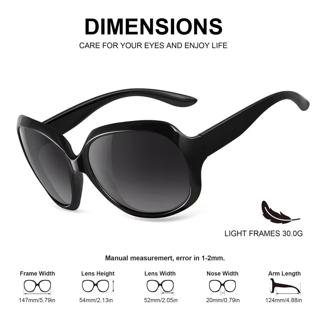 Black sunglasses with measurement details on a white background