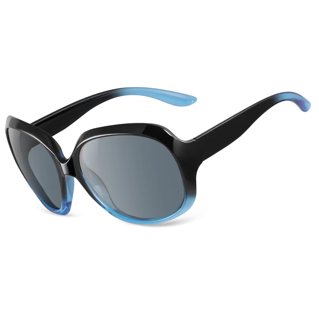 Sunglasses with black frame and blue arms on a white background