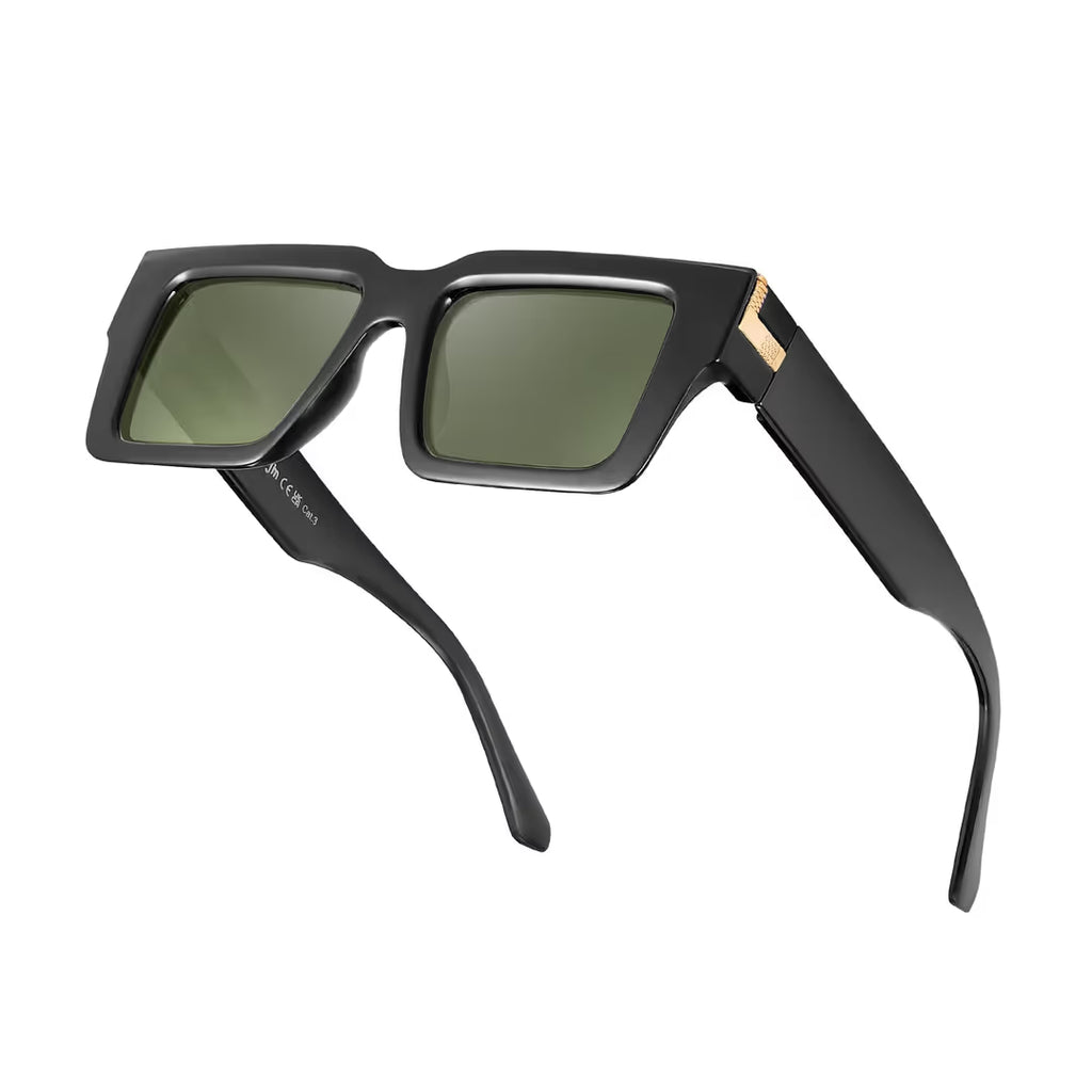 Black sunglasses with gold accents on a white background