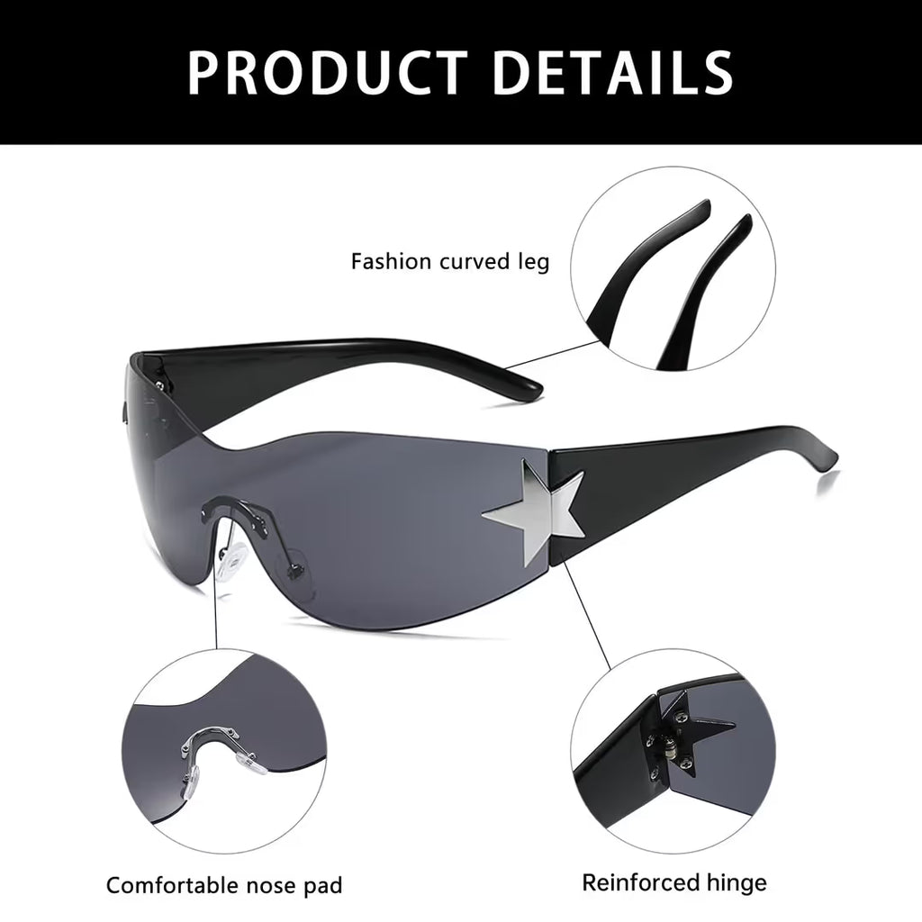 Black sunglasses silver star hinge detail on a white background