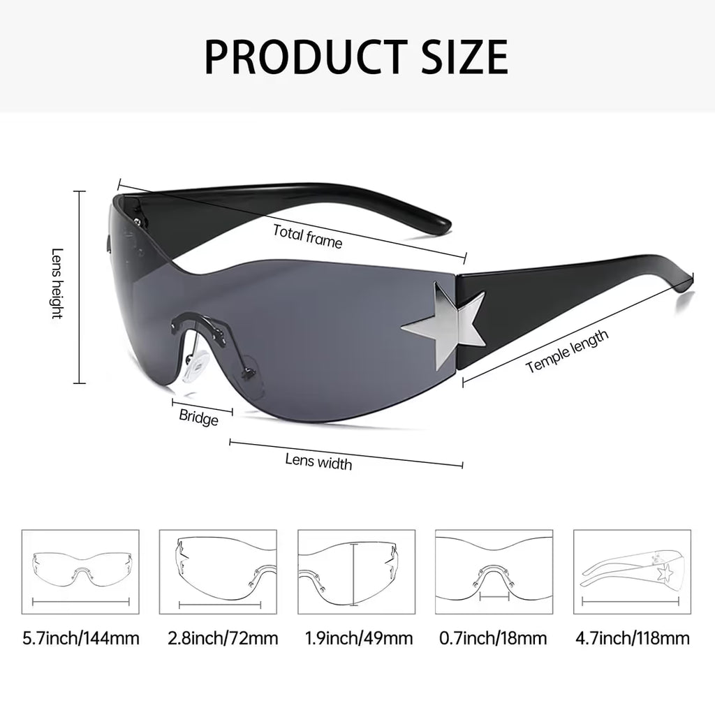 Measurement chart of a black and white star sunglasses with labeled parts and dimensions.