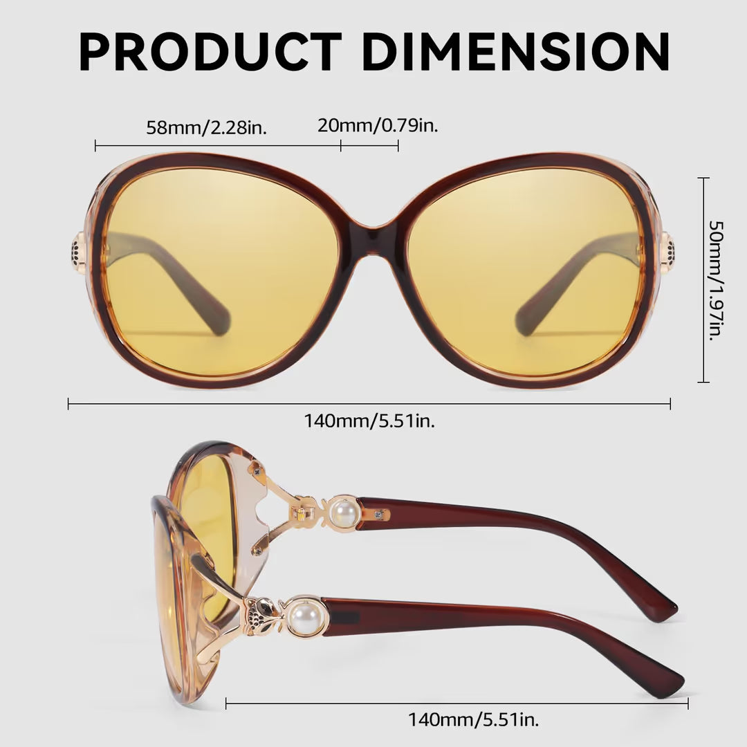 Sunglasses with dimensions labeled on a white background