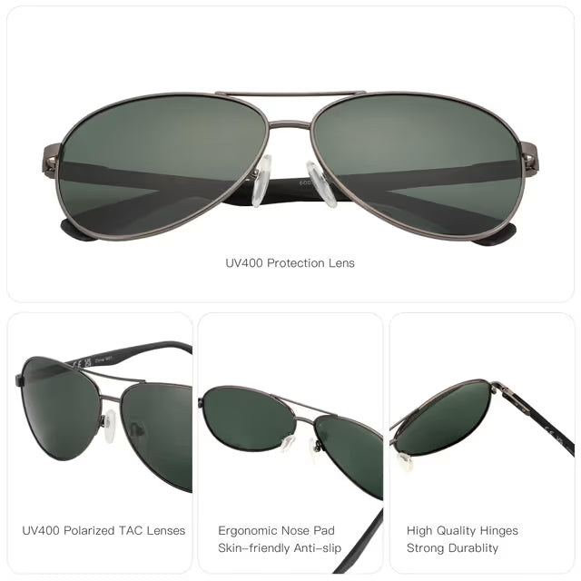 Aviator sunglasses with UV400 protection lens on a white background