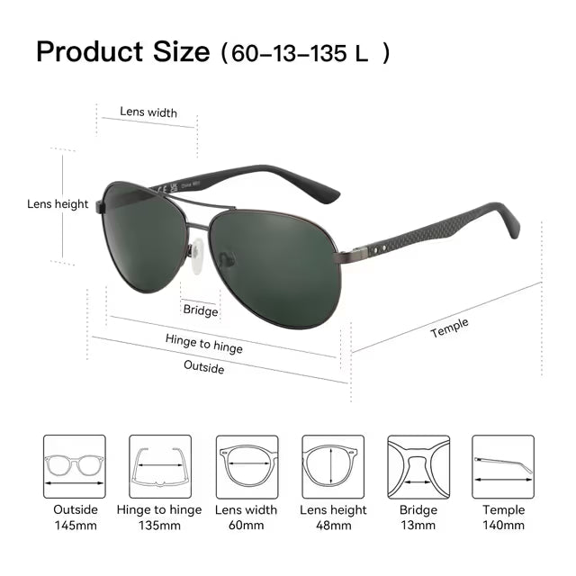 Sunglasses with labeled dimensions on a white background