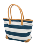 Navy and white striped tote bag with brown handles and corners on a white background