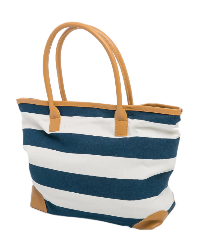 Navy and white striped tote bag with brown handles and corners on a white background