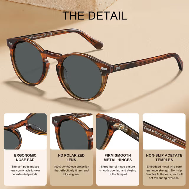 Sunglasses with features highlighted on a beige background