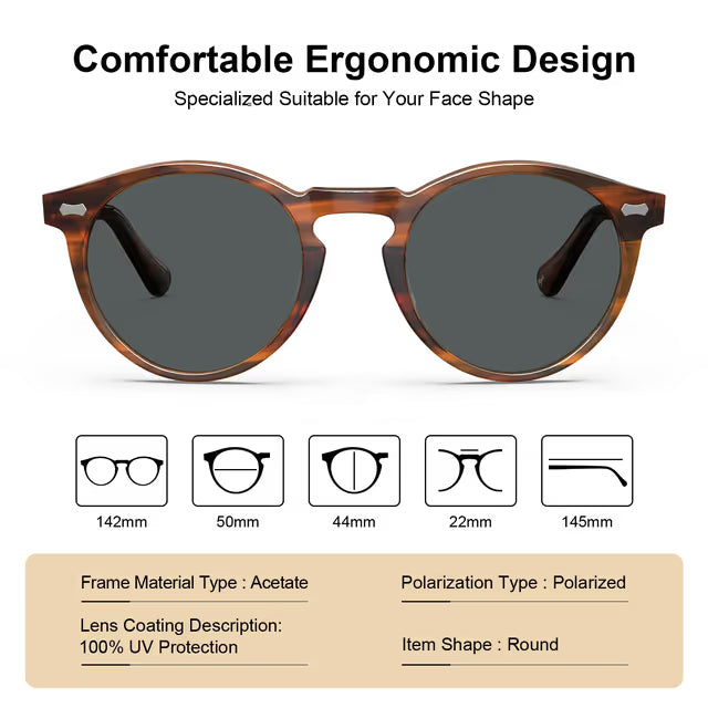 Sunglasses with brown frame and dark lenses on a white background, featuring specifications and design details.