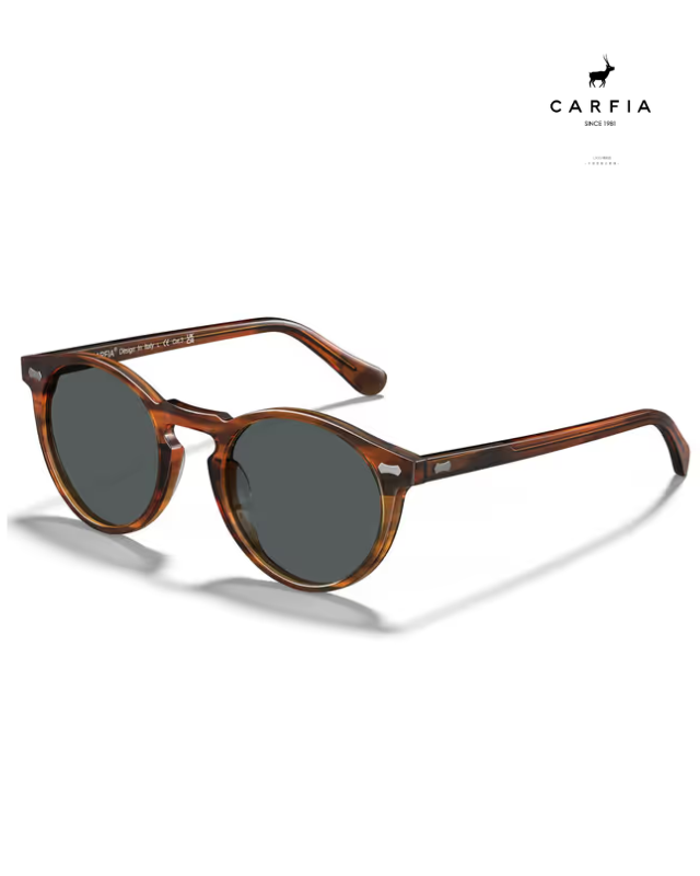 Brown sunglasses with a tortoiseshell frame on a white background, featuring the Carfia brand.