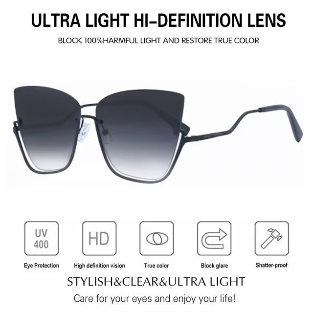 Cat-eye rimless sunglasses detail on white background