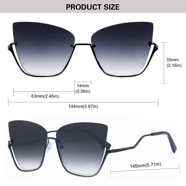 Cat-eye rimless sunglasses dimensions on white background