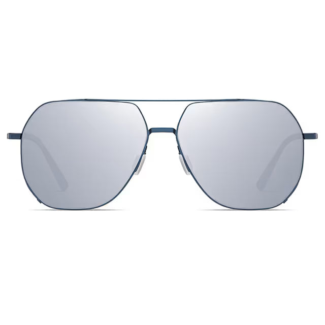 Aviator sunglasses with blue reflective lenses on a white background