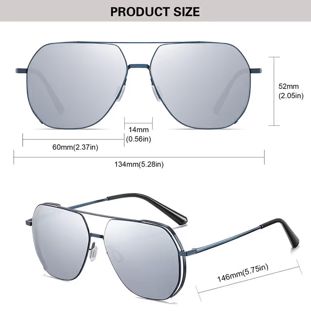 Sunglasses with dimensions labeled on a white background