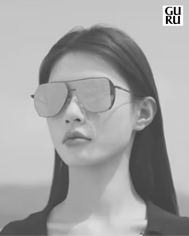 Black and white photo of a person wearing sunglasses with 'GURU' logo in the corner.