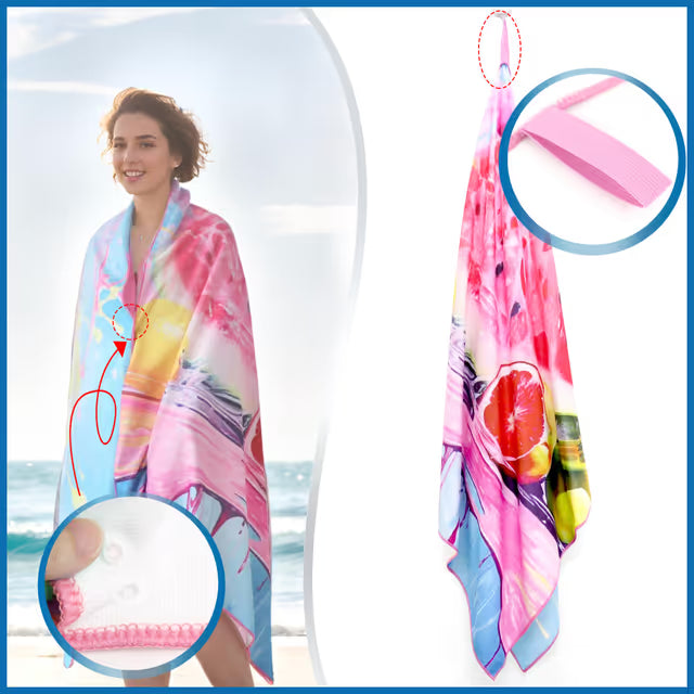Woman wrapped in a colorful towel with close-up details on a beach.