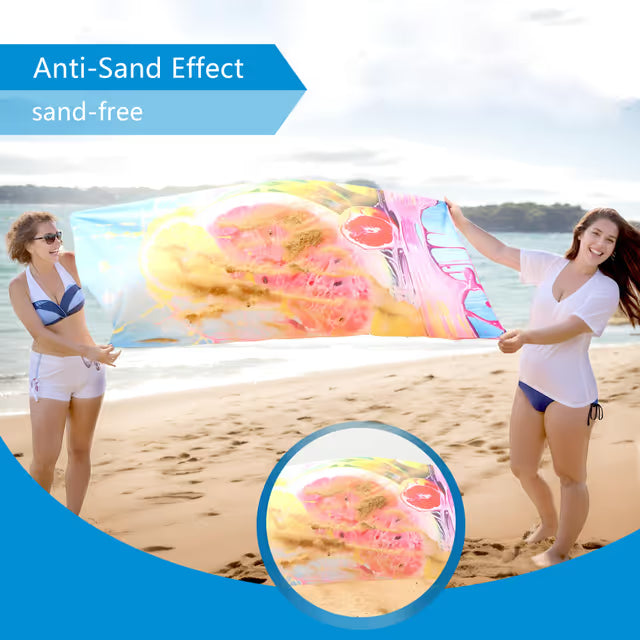 Two women holding a colorful beach towel with an inset showing its sand-free property on a sandy beach.