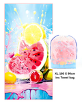 Fruit-themed towel with colorful design and towel bag on a white background
