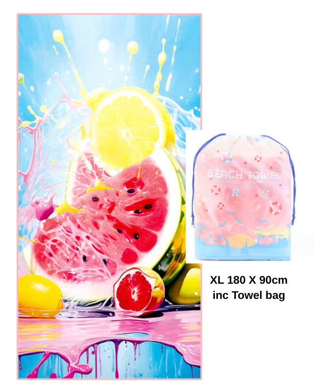 Fruit-themed towel with colorful design and towel bag on a white background