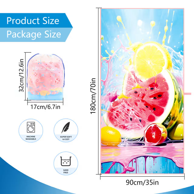 Product packaging with watermelon and lemon design, including dimensions and features.