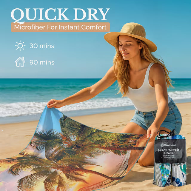Woman on a beach using a quick-dry microfiber towel with palm tree design.