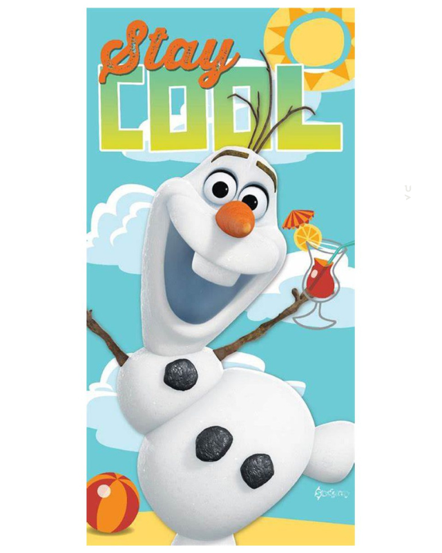 Character from a children's show with a drink, surrounded by summer elements on a blue background.