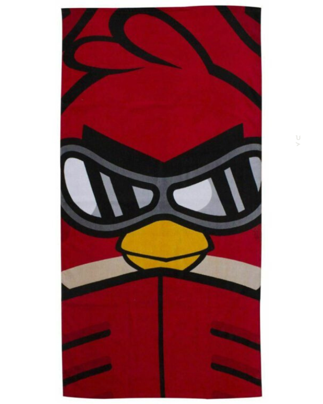 Red towel with a cartoon character face design featuring goggles and a yellow beak.