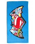 Superman vs Batman beach towel with colourful graphics on a blue background