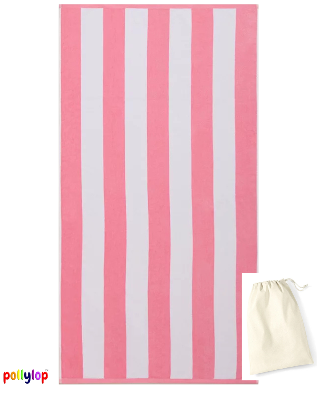 Pink and white striped beach towel on white background