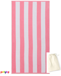 Pink and white striped beach towel on white background