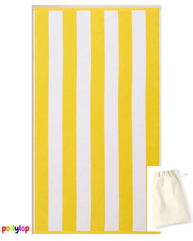 Yellow and white striped beach towel on white background