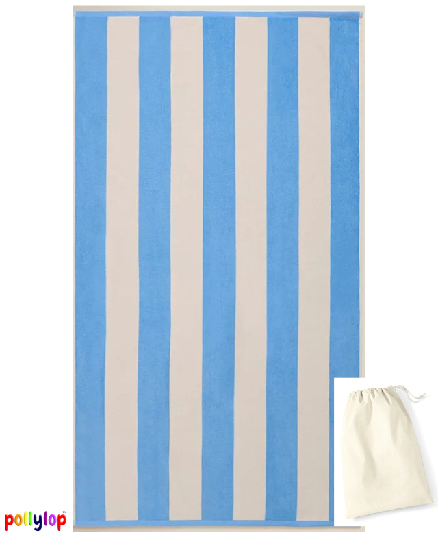 Blue and white striped beach towel on white background