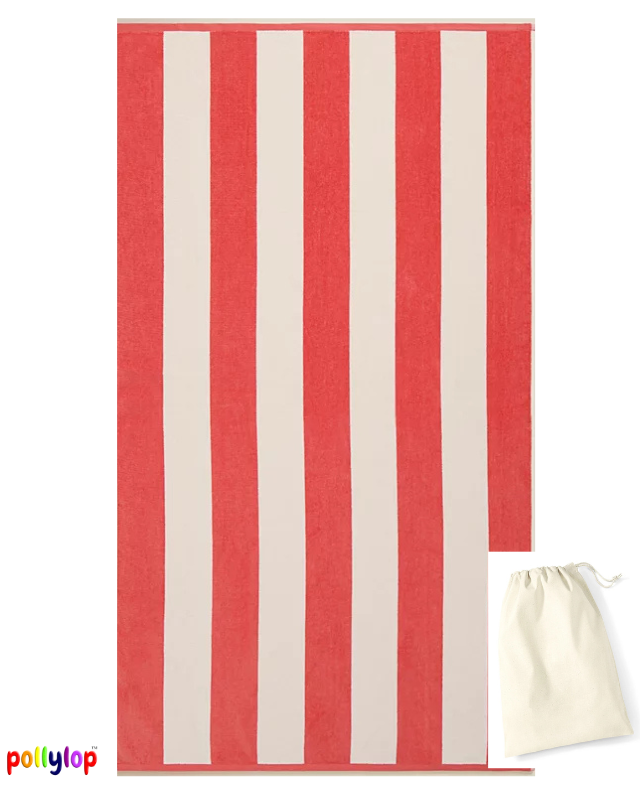 Red and white striped beach towel on white background