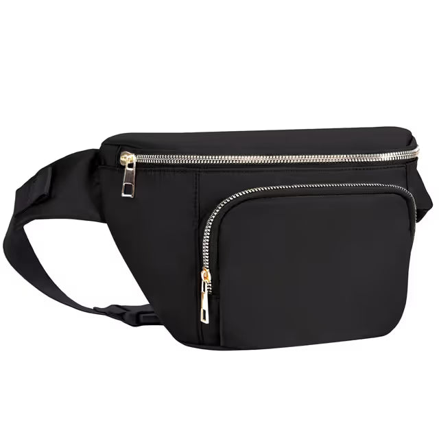Black waist bag with silver zippers on a white background
