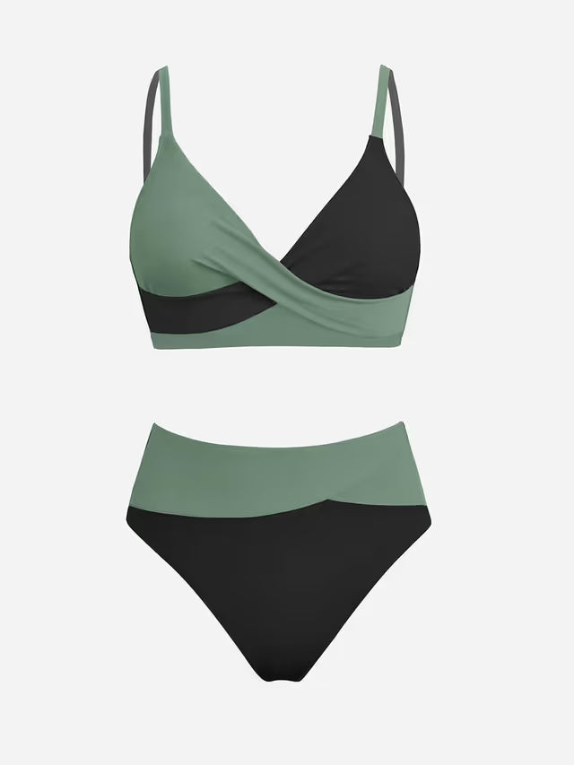 Black and green twist front high waist bikini