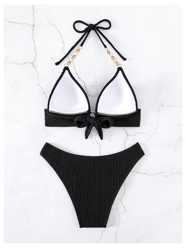 Gorglitter black bikini rhinestone chain halter neck