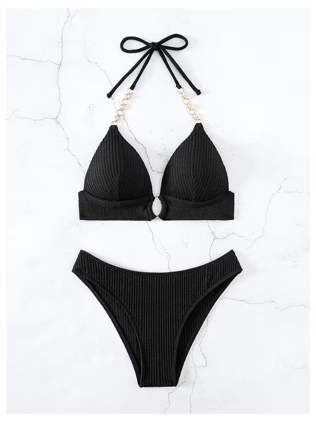 Gorglitter black bikini rhinestone chain halter neck