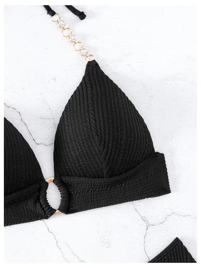 Gorglitter black bikini rhinestone chain halter neck