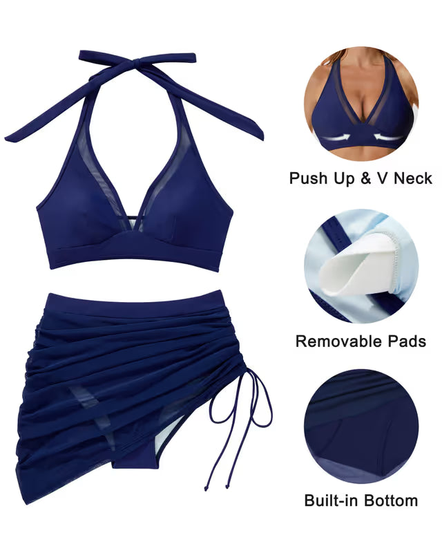 Halter neck high waist skirted bikini blue - XL