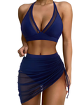 Navy blue bikini set with mesh panels on a white background