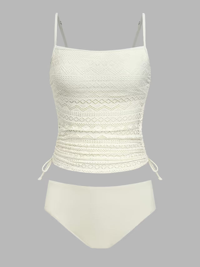 White mesh bikini on a beach background