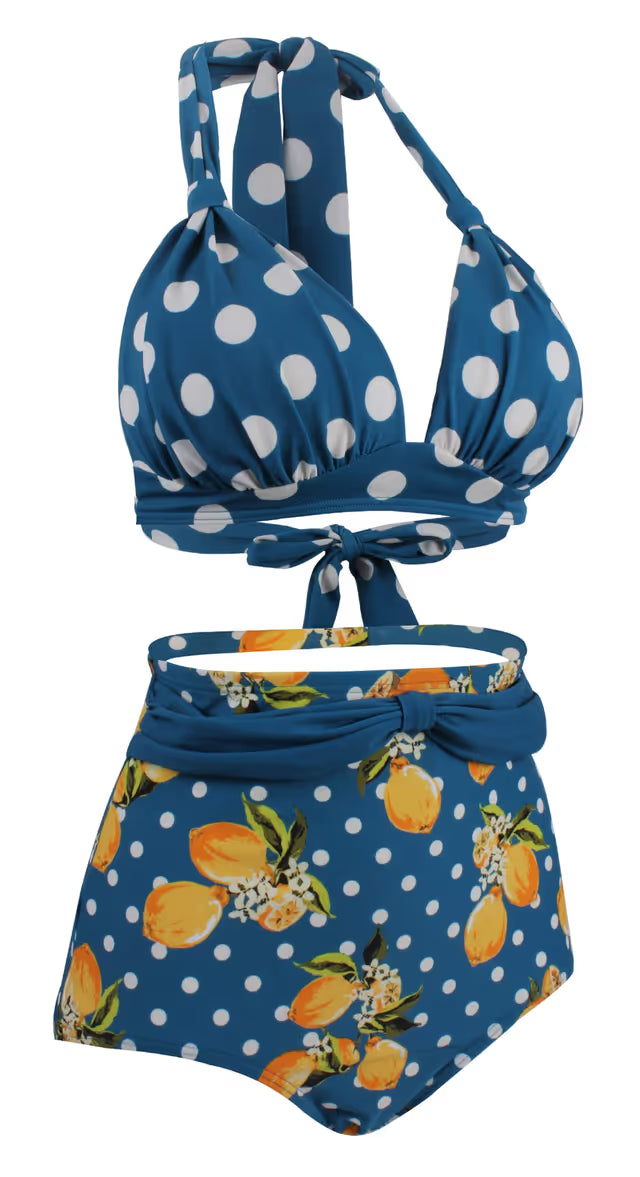 Blue polka dot bikini with floral lemon design on bottom against a white background