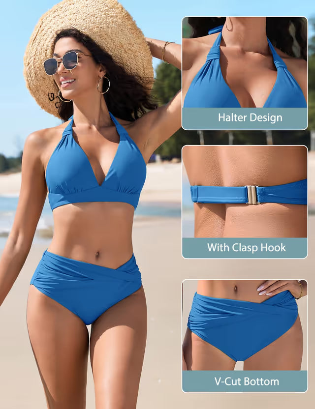 Detail of a woman wearing a blue bikini on a beach